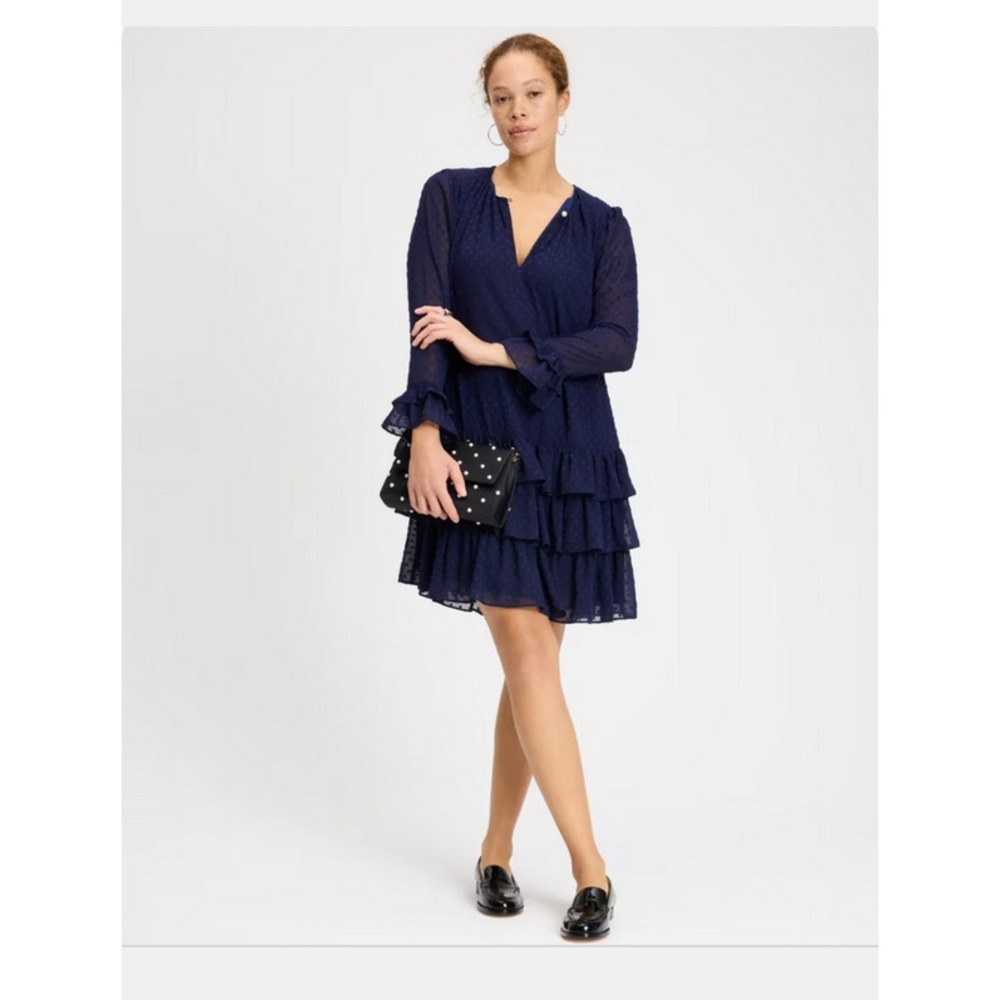 Kate Spade Breezy Dot Navy Mini Flounce Dress Sheer Sleeve Ruffle Plus Size XXL